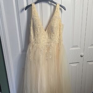 Blondie Nites Ivory Champagne V-Neck Beaded Tulle Gown